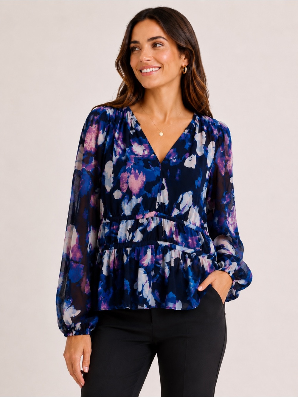WHITE HOUSE BLACK MARKET Floral Peplum Blouse – Navy Blue/Purple – XL – NWT